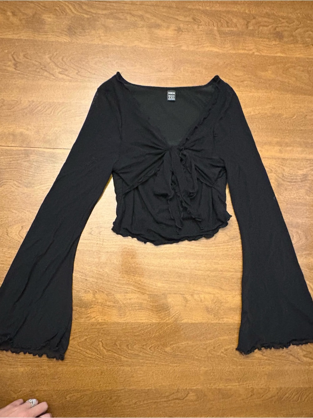 SHEIN Black Tie-Front Ruffle Hem Long Sleeve Crop Top